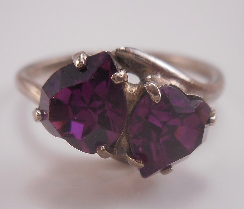 Faux Amethyst Ring Vintage McGrath Hamin Nickel Silver Double Heart Purple Rhinestone Ring Size 6 Nickel Silver MH Pinky Heart Ring