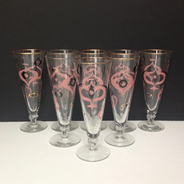 Vintage Libbey Seville Pilsner Drinking Glasses, Mid-Century Atomic Barware, Retro Pink, Black and Gold Drinkware, Set of Eight