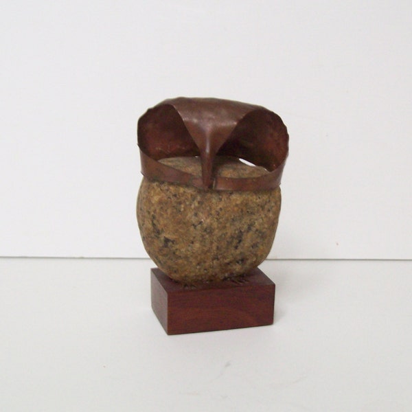 Vintage Owl Sculpture Brutalist Style Made of Rock and Copper