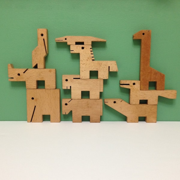COMPLETE + 6 Creative Playthings Building Zoo Wood Vintage Animal Blocks PLUS 6 Extra Animals, Mid-Century Wooden Toys