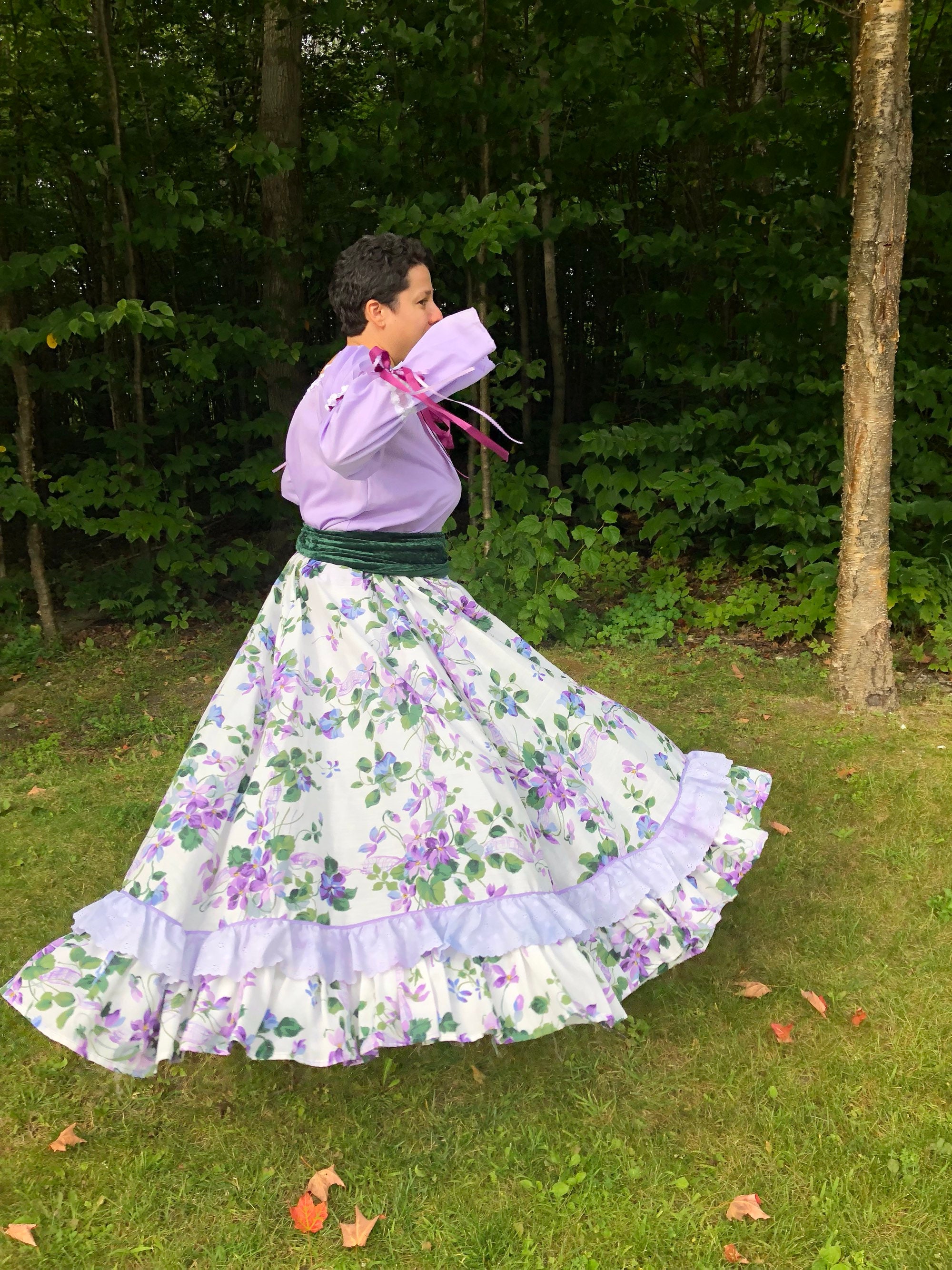Lavender Peasant Blouse, Purple Floral Full Skirt, Reversible Capelit