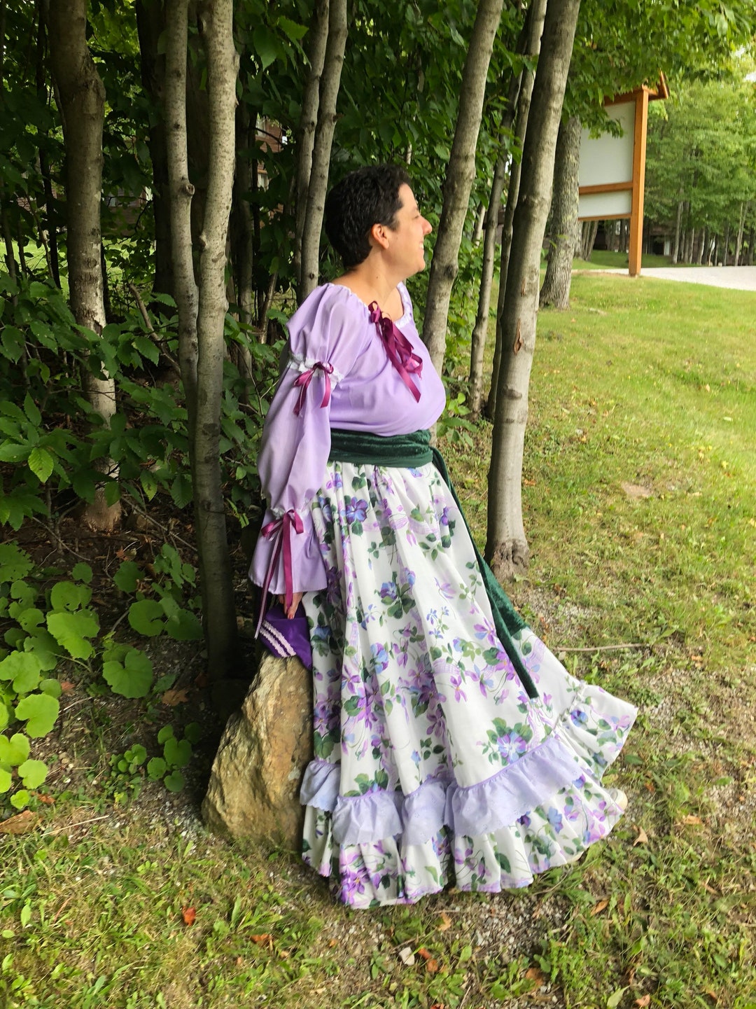 Lavender Peasant Blouse, Purple Floral Full Skirt, Reversible Capelit