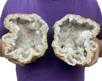 Saw Cut Geode Half Pairs | Moroccan Druzy Crystals Quartz 5.75" Display w/Metal Stands