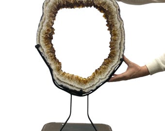 Large Dark Orange Citrine Circle Ring Druzy Slab | Slice on Metal Stand 27.5” 29.25 lbs. | Polished