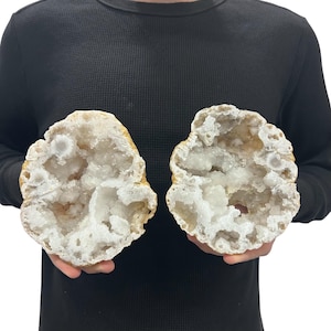 Saw Cut Geode Half Pairs | Moroccan Druzy 5.5" Crystals Quartz Display w/Metal Stands