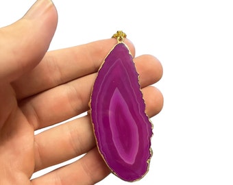 Gold Plated Outline Solid Polished Agate Slab Pendant w/ Gold Necklace and Box