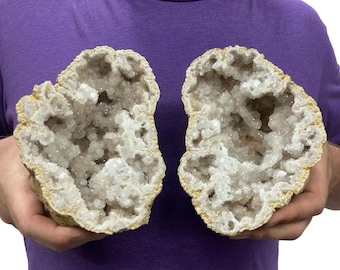 Saw Cut Geode Half Pairs | Moroccan Druzy Crystals Quartz 6.5" Display w/Metal Stands