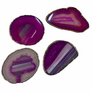 4 Agate Sliced Slabs Pink Coasters - Gold / Silver Trim Edges | Home Office Décor
