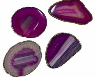 4 Agate Sliced Slabs Pink Coasters - Gold / Silver Trim Edges | Home Office Décor