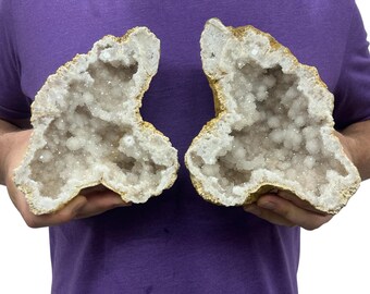 Saw Cut Geode Half Pairs | Moroccan Druzy Crystals Quartz 8" Display w/Metal Stands