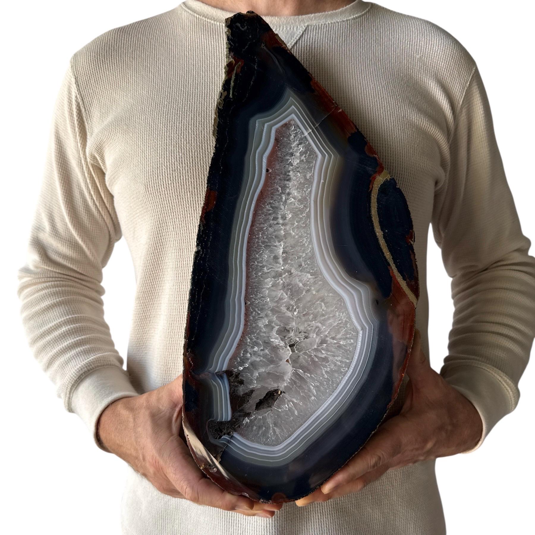 Huge Natural Agate Slab | Slice - Thick w/ Metal Stand - 10.5 lb 17.5" | Beautiful Home Office Table Décor