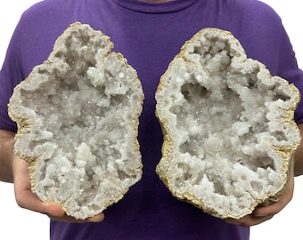 Saw Cut Geode Half Pairs | Moroccan Druzy Crystals Quartz 8.5" Display w/Metal Stands