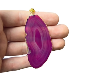 Gold Plated Outline Solid Polished Agate Slab Pendant w/ Gold Necklace and Box