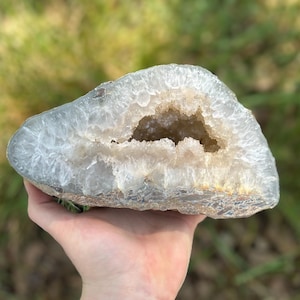 May include: A geode, a hollow rock formation, is held in a hand. The exterior is a mottled gray, while the interior reveals a cavity lined with sparkling, light-colored crystals. The geode's opening shows a warm, beige hue.