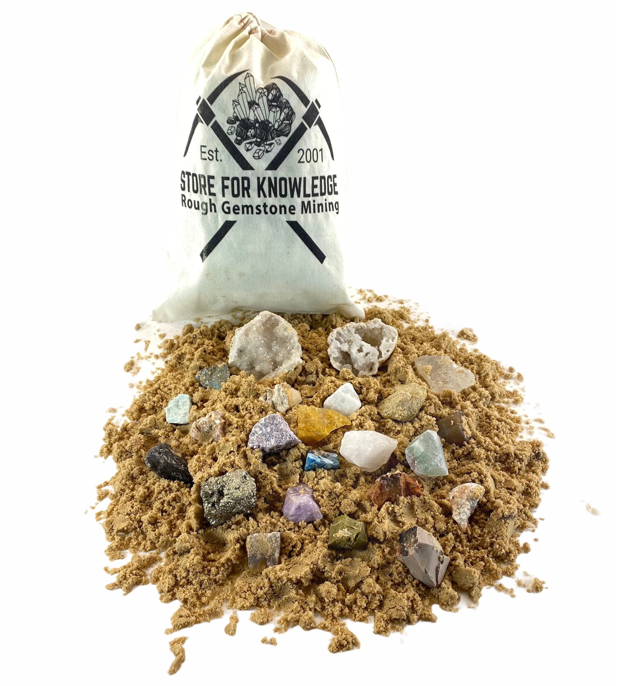 Large Natural Rough Gemstone Mining Dig Activity Bag - 24 Specimens | Rocks, Minerals & Sand