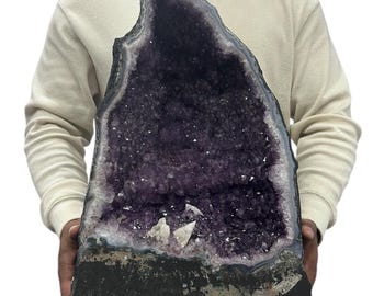 Natural Purple Amethyst Cathedral 63.40 lbs | Standing Geode Cave Color Crystal 17.75” w/ Base | Home Office Décor
