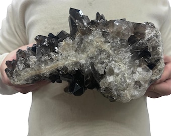 Large Smokey Quartz Cluster - Beautiful Crystals 11.25” 10.65 Lbs Natural Clear Quartz with Irradiated Crystals