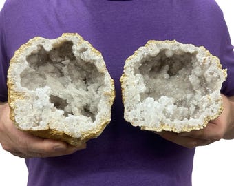 Saw Cut Geode Half Pairs | Moroccan Druzy Crystals Quartz  5.5"  Display w/Metal Stands