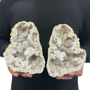 Saw Cut Geode Half Pairs | Moroccan Druzy 6.5" Crystals Quartz Display w/Metal Stands