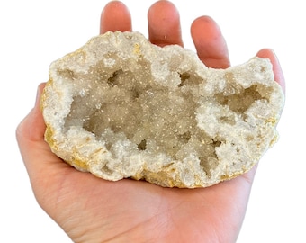 Single 4.5” Saw Cut Geode Half | Moroccan Druzy Crystals Quartz Display w/ Stand