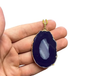 Gold Plated Outline Solid Polished Agate Slab Pendant w/ Gold Necklace and Box
