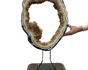 Large Dark Orange Citrine Circle Ring Druzy Slab | Slice on Metal Stand 28” 35.65 lbs. | Polished