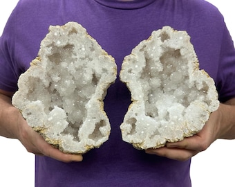 Saw Cut Geode Half Pairs | Moroccan Druzy Crystals Quartz  7.25" Display w/Metal Stands
