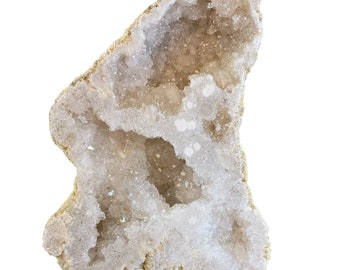 Single 5.75” Saw Cut Geode Half | Moroccan Druzy Crystals Quartz Display w/ Stand