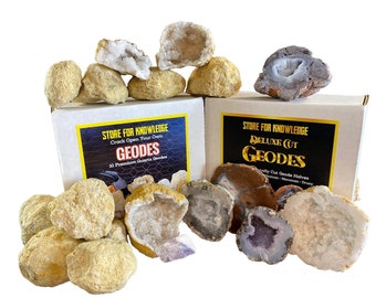 Deluxe Gift Pack  - 10 Break Your Own Quartz Geodes Plus 5 Cut Half Geodes - Mexican Trancas | Thunderegg | Druzy Mist | Choyas | Moroccan