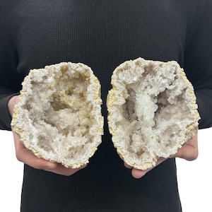 Saw Cut Geode Half Pairs | Moroccan Druzy 5" Crystals Quartz Display w/Metal Stands