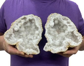 Saw Cut Geode Half Pairs | Moroccan Druzy Crystals Quartz 6"  Display w/Metal Stands