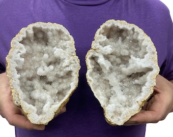 Saw Cut Geode Half Pairs | Moroccan Druzy Crystals Quartz  6.75" Display w/Metal Stands