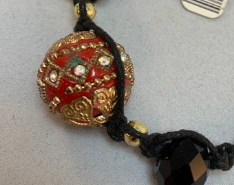 Red Gold Heart Asian-inspired Glass Beaded adjustable corded macrame bracelet