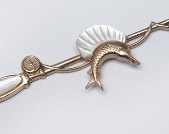 Vintage Sailfish Tie Bar clip Gold Tone, Mother of Pearl, 1940s