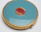 Vintage compact Aqua blue enamel gold filled powder compact with carnelian stone and faux pearls French Ormolu edge 1920s
