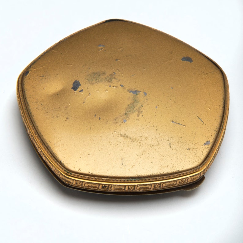 Vintage compact Art Deco enamel Black with gold inlay design powder and blushrouge compact French Ormolu edge 1920s