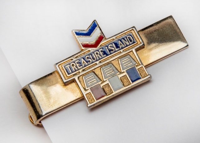 Vintage Tie Bar/Clip Treasure Island Chevron Gas Station retro advertising tie clasp gold metal with red, white and blue enamel #941