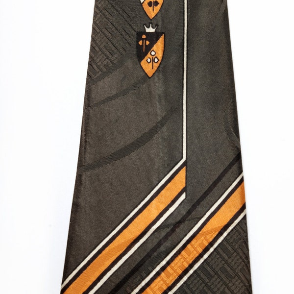 Vintage Men's tie from LAZARUS bold retro design of abstract 'Royal shields' w/ olive green bkgd,orange,white stripes 50's Necktie #2