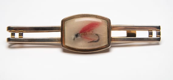 Vintage Tie Clip - Fishing Fly - Red and Black Intaglio on a white  background in a crystal setting - Gold Tone Slip-On Clip - 1940's - #832