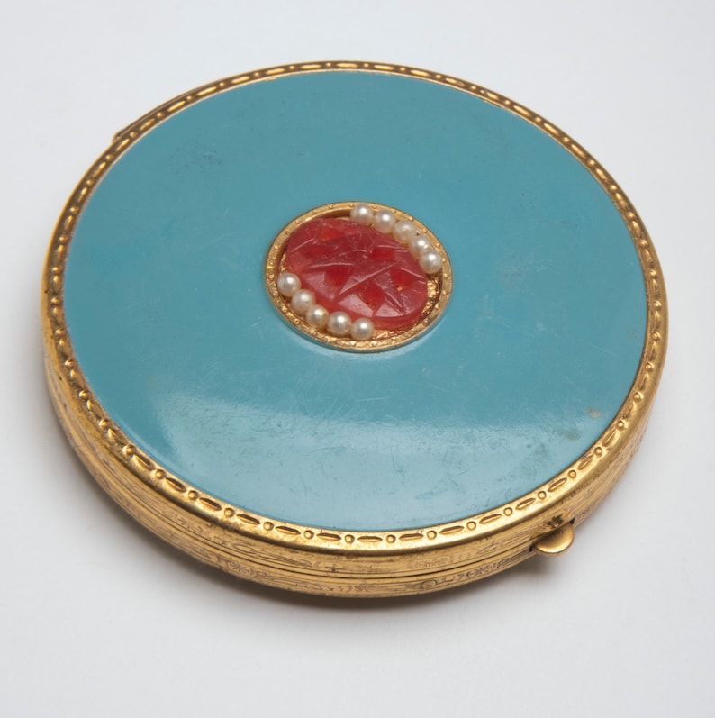 Vintage compact Aqua blue enamel gold filled powder compact with carnelian stone and faux pearls French Ormolu edge 1920s