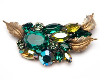 Vintage pin brooch green mixed colors & AB rhinestones in a floral spray pin Rhinestone Brooch -Mid-century 50s