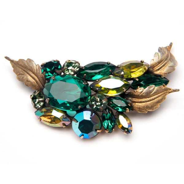 Vintage pin brooch green mixed colors & AB rhinestones in a floral spray pin Rhinestone Brooch -Mid-century 50s