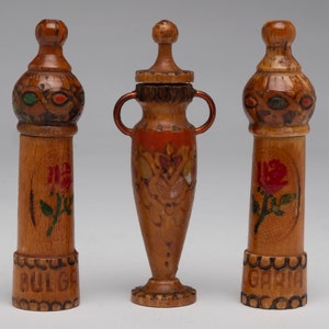 Vintage Perfume 3 Bulgarian Rose Oil Hand-Painted Wood hand carved Perfume Bottles with perfume 1950&#39;s