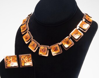 Matisse necklace Copper enamel "Seafoam" Necklace & clip earrings gold speckled confetti MCM