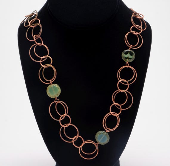 Necklace solid copper ring necklace with green gl… - image 1