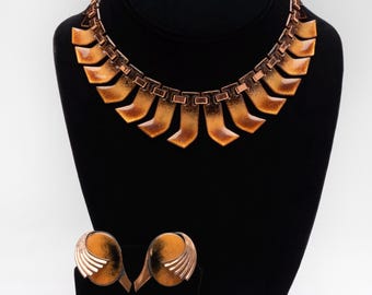 Matisse Necklace earrings Copper enamel "Aztec" demi-parure MCM gold speckled pattern