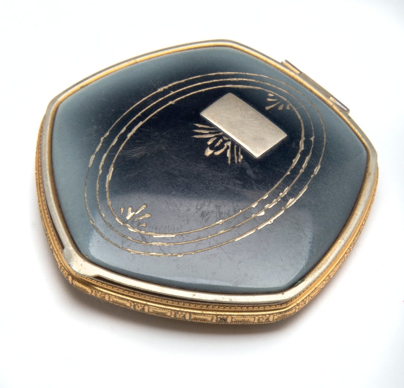 Vintage compact Art Deco enamel Black with gold inlay design powder and blushrouge compact French Ormolu edge 1920s