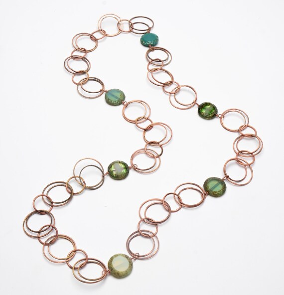 Necklace solid copper ring necklace with green gl… - image 3