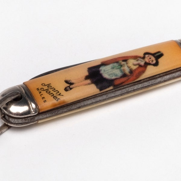 Vintage pocket knife a figure of "Jenny Jones Wales" GERMANY Richartz Whale Celluloid body Stainless steel 1 blade knife watch fob 1950s #27