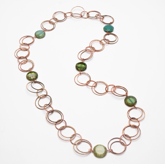 Necklace solid copper ring necklace with green gl… - image 4